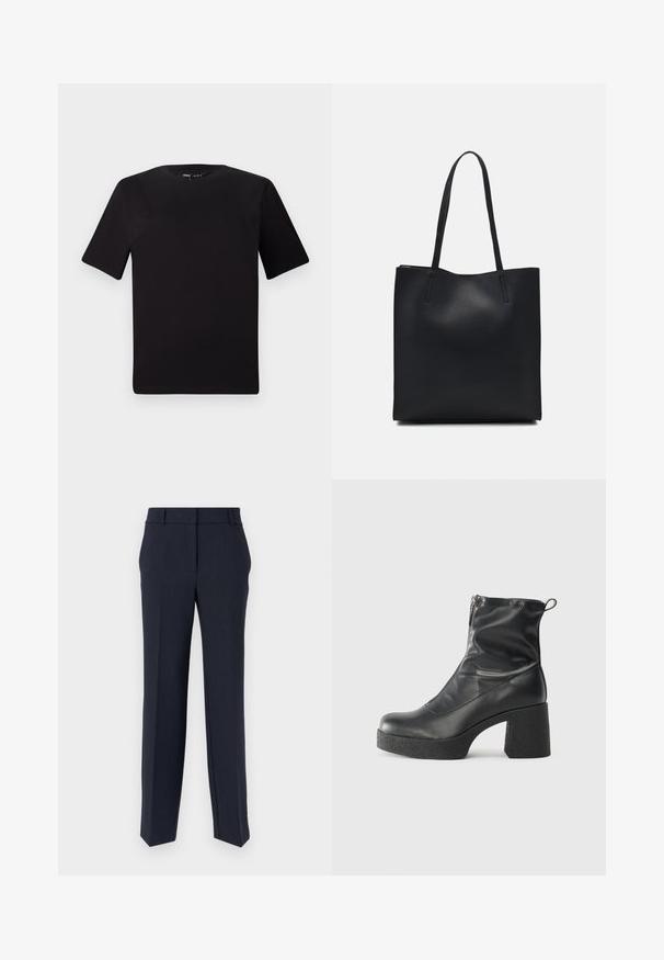 Svart t-skjorte med korte ermer og rund hals, laget av mykt bomullsstoff. Enkelt design, ingen synlige logoer eller mønstre.; Marineblå bukser med rett snitt, glatt tekstur og flat front. Har to sidelommer og et klassisk midjebånddesign.; Svarte ankelstøvler laget av glatt lær, med glidelås på siden, chunky strukturert hæl, og rund tå-design.; Svart lær tote bag med glatt tekstur, rektangulær form og to lange håndtak. Ingen synlige deler eller dekorasjoner.