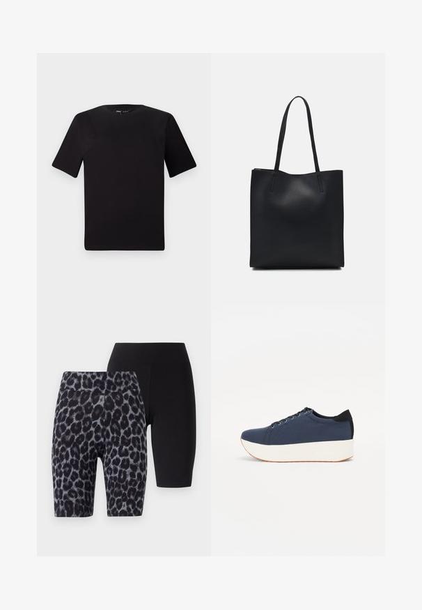 Melnas īsām piedurknēm T-krekls ar apaļu kakla izgriezumu, izgatavots no mīksta kokvilnas auduma. Vienkāršs dizains, bez redzamām logo vai rakstiem.; Divu šortu komplekts: viens melns, otrs ar pelēku un melnu leoparda rakstu. Abiem ir gluda tekstūra un elastīga jostasvieta.; Navy zilo apavi ar strukturētu auduma augšdaļu, baltu platformas zoli, noapaļotu pirkstu daļu un melnu papēža akcentu. Iekļautas sešas acs caurumi šnuķēšanai.; Melnas ādas somiņa ar gludu tekstūru, taisnstūra formu un divām garām rokturiem. Nav redzamu aparatūras vai rotājumu.