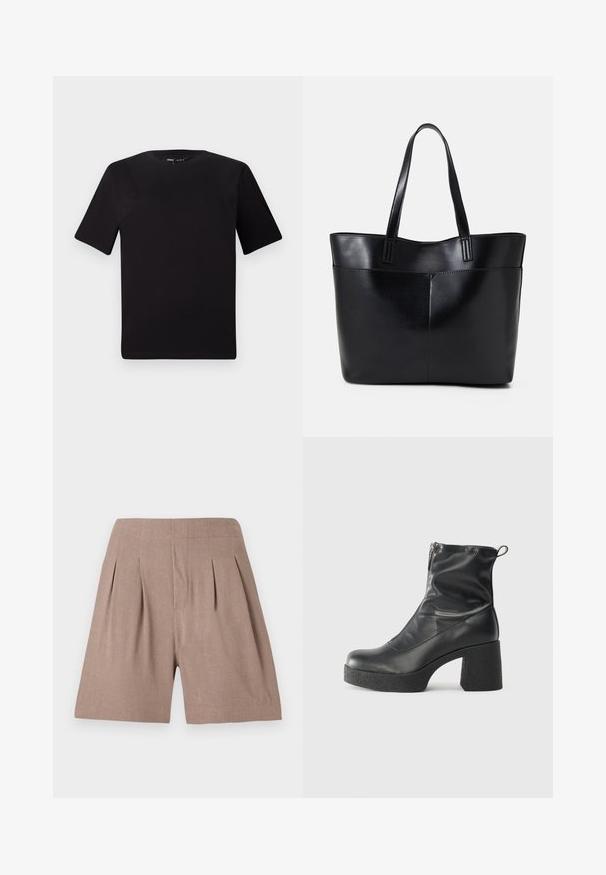 Schwarzes T-Shirt mit kurzen Ärmeln und Rundhalsausschnitt, aus weichem Baumwollmaterial gefertigt. Schlichtes Design, keine sichtbaren Logos oder Muster.; Braune, plissierte Shorts aus einem leichten Material, das eine glatte Textur und einen maßgeschneiderten Schnitt aufweist, mit einem klaren, minimalistischen Design.; Schwarze Stiefeletten aus glattem Leder mit seitlichem Reißverschluss, klobigem strukturiertem Absatz und runder Zehenform.; Schwarze Leder-Shopper-Tasche mit zwei langen Griffen, einer glatten Textur und einer strukturierten Form. Verfügt über eine Vordertasche für zusätzlichen Stauraum.