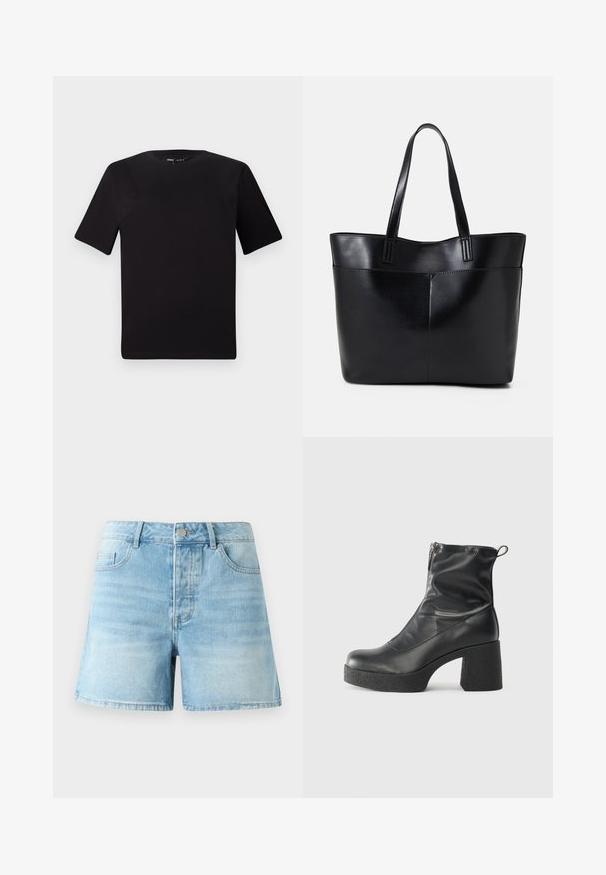 Musta lyhythihainen t-paita pyöreällä kaula-aukolla, valmistettu pehmeästä puuvillakankaasta. Yksinkertainen malli, ei näkyviä logoja tai kuvioita.; Vaaleansiniset farkkushortsit klassisella leikkauksella, joissa on etutaskut, metallinen napitus ja hienovarainen haalistuminen kankaassa.; Mustat nilkkurit, jotka on valmistettu sileästä nahasta. Niissä on sivuvetoketju, paksu teksturoitu korko ja pyöristetty kärki.; Musta nahkainen kassi, jossa on kaksi pitkää kahvaa, sileä pinta ja jämäkkä muoto. Sisältää etutaskun lisävarastointia varten.