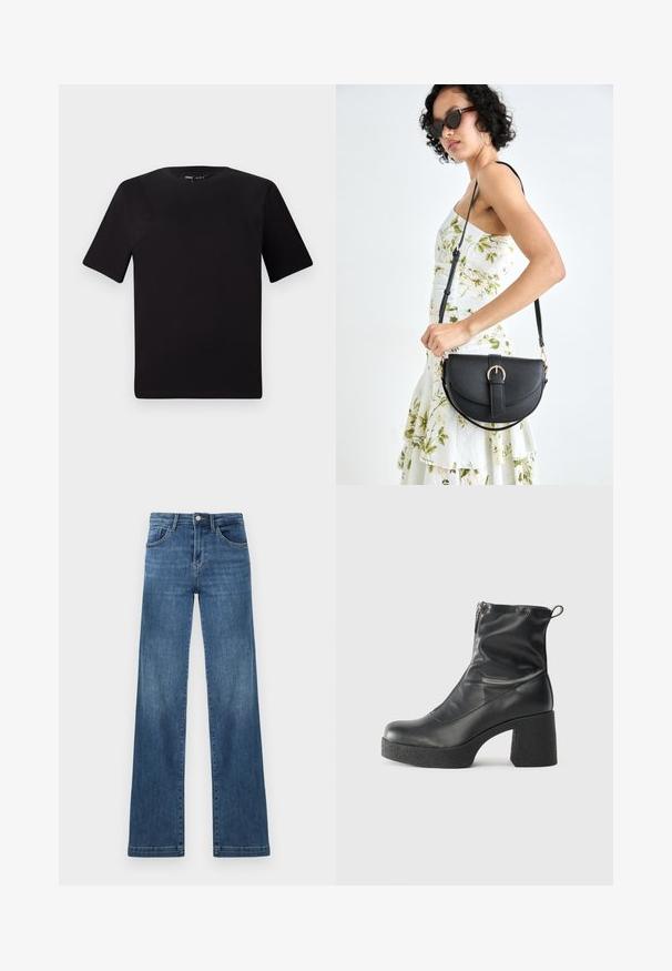 Svart t-skjorte med korte ermer og rund hals, laget av mykt bomullsstoff. Enkelt design, ingen synlige logoer eller mønstre.; Mørkeblå denimjeans med rette ben, med høy midje, fem lommer og metallknapplukking. Distinkte falmede vaskedetaljer.; Svarte ankelstøvler laget av glatt lær, med glidelås på siden, chunky strukturert hæl, og rund tå-design.; Svart lærveske med en buet form, avtagbar stropp og gullbeslag. Vesken har et klaff med spenne-detall.
