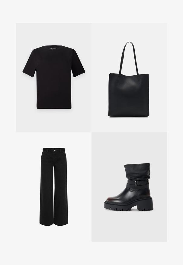 Svart kortärmad t-shirt med rund halsringning, tillverkad i mjukt bomullstyg. Enkelt mönster, utan synliga logotyper eller mönster.; Svart vida denimbyxor med hög midja, med en framtida knappstängning, två sidofickor och en klassisk femfickdesign.; Svart läderankelskatt med en slapp ovansida, spänne och tjock, robust sula. Har en rund tå och en slät textur.; Svart lädertoffelväska med slät textur, rektangulär form och två långa handtag. Ingen synlig hårdvara eller dekorationer.