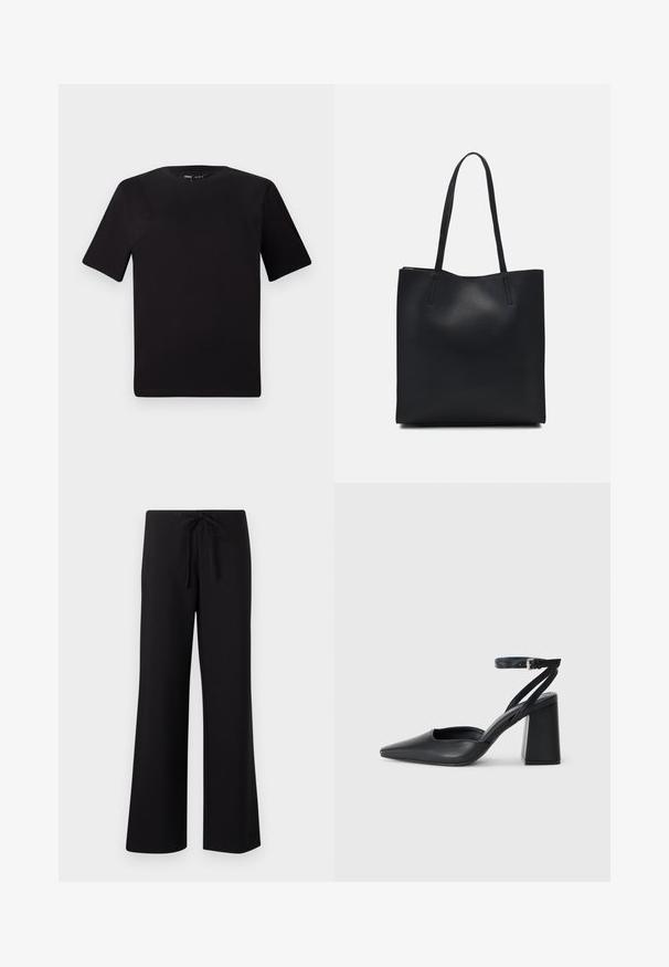 Must olema lühikeste varrukatega must t-särk ümmarguse kaelusega, valmistatud pehmest puuvillast kangast. Lihtne disain, ilma nähtavate logode või mustriteta.; Mustad laiad püksid, mis on valmistatud pehmest kangast, kummipaelaga vöökoha ja siledat tekstuuri, disainitud mugavuseks ja mitmekülgsuseks.; Mustmustest must-käigukingad, millel on konksuga nöör ja paks konts. Ühtlane tekstuur, stiilne disain ja minimalistlik esteetika.; Mustast nahast kott sujuva tekstuuriga, ristkülikukujuline ja kahe pika sangaga. Pole nähtavat riistvara ega kaunistusi.