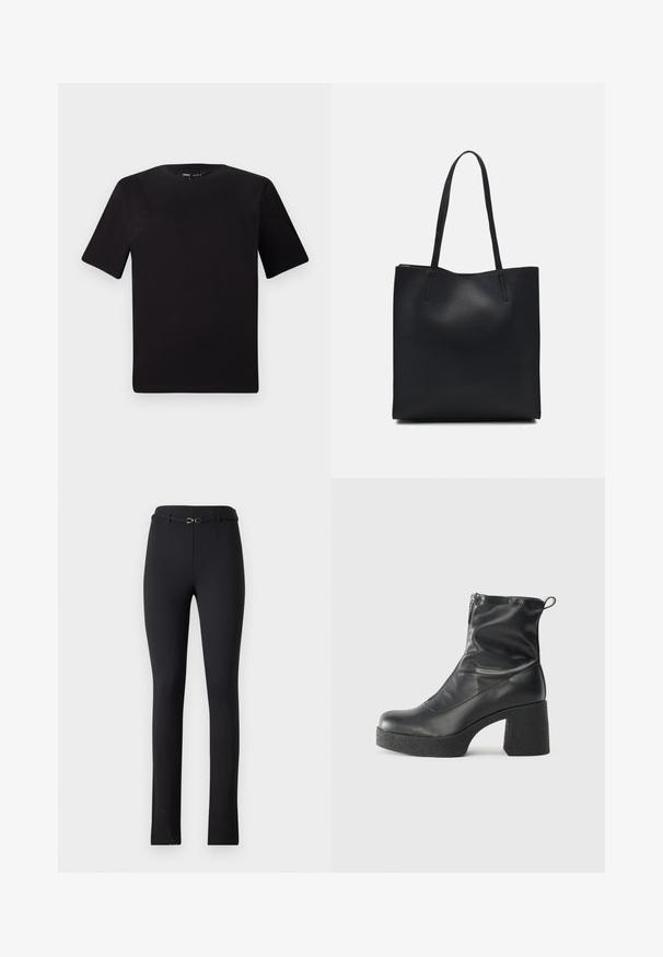 Črna majica s kratkimi rokavi in okroglim izrezom, izdelana iz mehkega bombažnega materiala. Preprost dizajn, brez vidnih logotipov ali vzorcev.; Črne hlače s prilegajočim dizajnom, narejene iz gladkega materiala. Imajo pas z zanko in zlatim poudarkom ter stranske reze na robu.; Črne gležnjarje iz gladke kože z božnim zadrgo, masivnim teksturiranim peto in zaobljeno obliko prstov.; Črna usnjena torba s svilnato teksturo, pravokotne oblike in dvema dolgima ročajema. Brez vidnih metalnih delov ali okrasnih elementov.