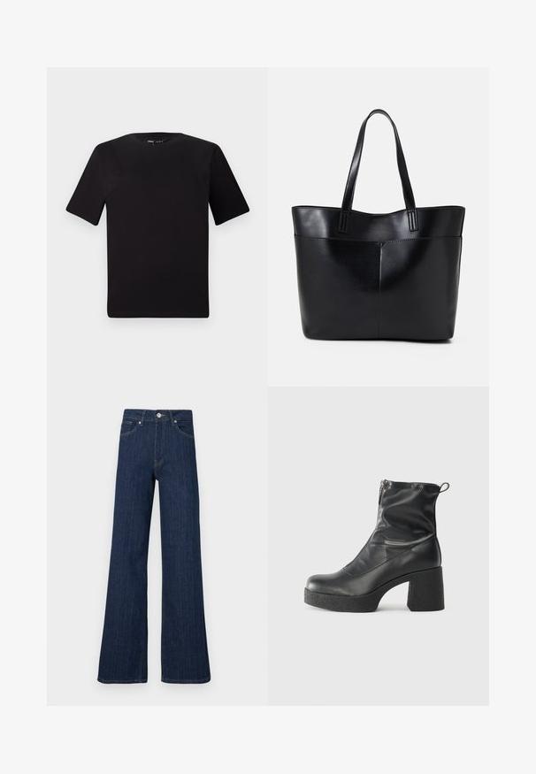 Black short-sleeve t-shirt with a round neckline, crafted from soft cotton fabric. Simple design, no visible logos or patterns.; Wide-leg dark blue denim jeans with a high waist, featuring visible stitching and a front button closure.; Black ankle boots made of smooth leather, featuring a side zipper, chunky textured heel, and rounded toe design.; Black leather tote bag with two long handles, a smooth texture, and a structured shape. Features a front pocket for additional storage.