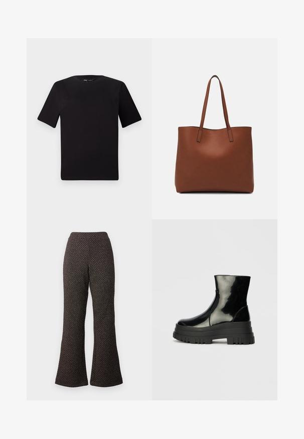 Musta lyhythihainen t-paita pyöreällä kaula-aukolla, valmistettu pehmeästä puuvillakankaasta. Yksinkertainen malli, ei näkyviä logoja tai kuvioita.; Mustat leveälahkeiset housut, jotka on valmistettu tekstuurikankaasta, jossa on kuvioitu kudos, ja joissa on korkea vyötärö ja leveät lahkeet.; Musta kiiltävä nilkkuri paksulla karkealla pohjalla ja pyöristetyllä kärjellä, sivukuva vaaleanharmaalla yksinkertaisella taustalla.; Ruskea nahkainen olkalaukku, jossa on sileä pinta, avoin yläosa ja kaksi olkahihnaa. Omaavat vain minimaalisen ompelun eikä näkyvää metalliosaa.