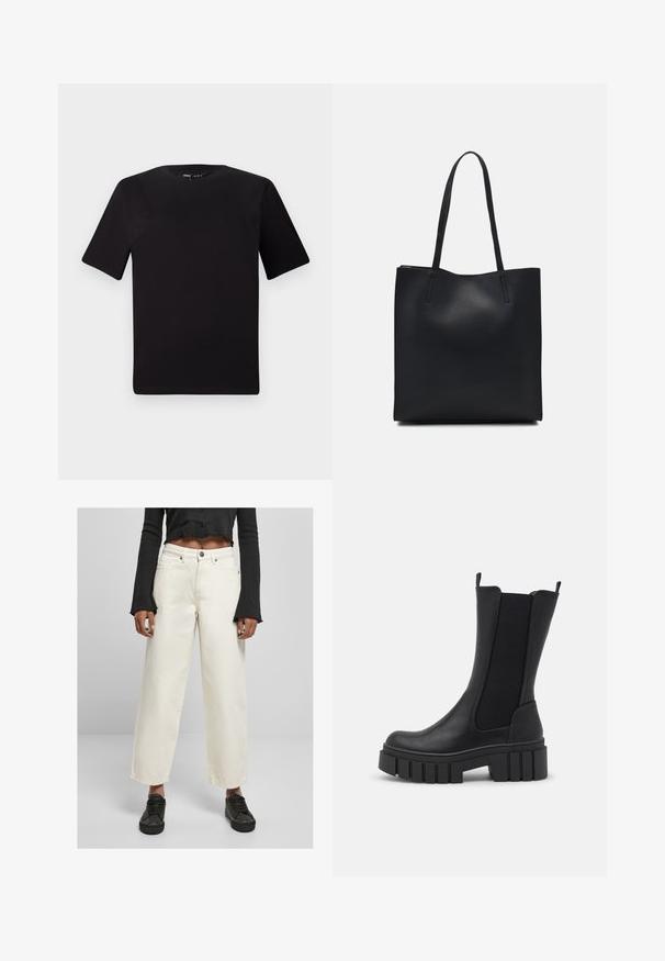 Čierne tričko s krátkym rukávom a okrúhlym výstrihom, vyrobené z mäkkej bavlny. Jednoduchý dizajn, bez viditeľných log alebo vzorov.; Široké nohavice z off-white denimu s vysokým pásom, pevným materiálom a predným zapínaním na gombík; skombinované s čiernym krátkym topom s dlhým rukávom.; Čierne ankle boots s kombináciou umelej kože a elastických bočných panelov. Masívna platformová podrážka s vertikálnymi drážkami pre lepšiu priľnavosť.; Čierna kožená taška na rameno s hladkým povrchom, obdĺžnikovým tvarom a dvoma dlhými uchami. Bez viditeľného kovania alebo ozdôb.