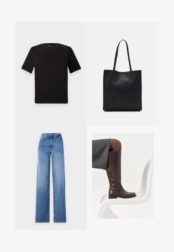 Melnas īsām piedurknēm T-krekls ar apaļu kakla izgriezumu, izgatavots no mīksta kokvilnas auduma. Vienkāršs dizains, bez redzamām logo vai rakstiem.; Gaiši zili platā kāju džinsi, kas izgatavoti no denima, ar augstu jostasvietu, priekšējiem kabatām un standarta pogu aizdari. Gluda tekstūra.; Brūni ādas ceļgalu zābaki ar noapaļotu purngalu, gludu tekstūru un minimālām šuvju detaļām, novietoti uz gaiša fona uz baltas krēsla.; Melnas ādas somiņa ar gludu tekstūru, taisnstūra formu un divām garām rokturiem. Nav redzamu aparatūras vai rotājumu.