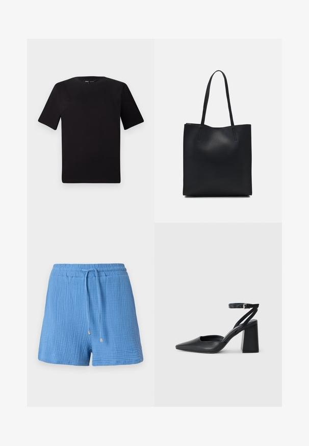 Black short-sleeve t-shirt with a round neckline, crafted from soft cotton fabric. Simple design, no visible logos or patterns.; Blue cotton shorts with a textured, crinkled design, elastic waistband, adjustable drawstring, and metallic accent tips.; Black leather pointy-toe pump with an ankle strap and a chunky heel. Flat texture, sleek design, and minimalistic aesthetics.; Black leather tote bag with smooth texture, rectangular shape, and two long handles. No visible hardware or embellishments.