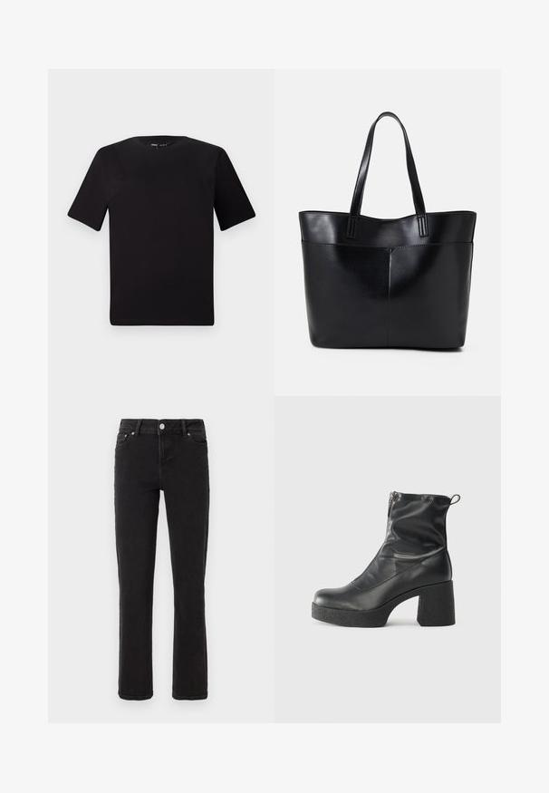 T-shirt preta de mangas curtas com decote redondo, feita de tecido de algodão suave. Design simples, sem logótipos ou padrões visíveis.; Jeans de ganga preta com um corte de perna reta, apresentando fecho de botão prateado, bolsos frontais e costuras mínimas. Tecido suave e texturizado.; Botas de tornozelo pretas feitas de couro liso, com fecho lateral, salto grosso texturizado e design de bico arredondado.; Bolsa tote preta em couro com duas alças longas, textura suave e forma estruturada. Apresenta um bolso frontal para armazenamento adicional.