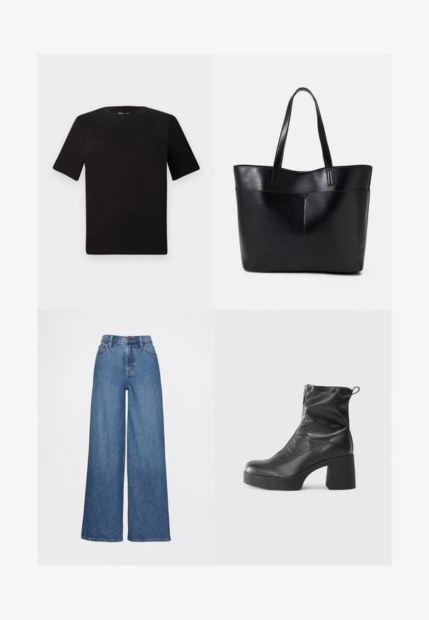 Black short-sleeve t-shirt with a round neckline, crafted from soft cotton fabric. Simple design, no visible logos or patterns.; Wide-leg jeans in medium blue denim, featuring a high waist, belt loops, and button closure. Smooth texture with minimal stitching details.; Black ankle boots made of smooth leather, featuring a side zipper, chunky textured heel, and rounded toe design.; Black leather tote bag with two long handles, a smooth texture, and a structured shape. Features a front pocket for additional storage.