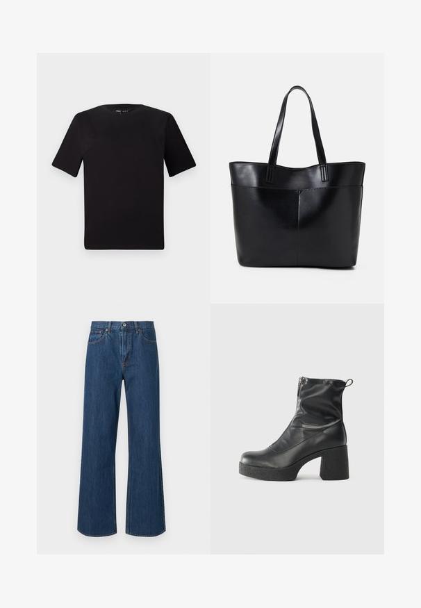 Musta lyhythihainen t-paita pyöreällä kaula-aukolla, valmistettu pehmeästä puuvillakankaasta. Yksinkertainen malli, ei näkyviä logoja tai kuvioita.; Korkeavyötäröiset, keskimäisen siniset, leveälahkeiset farkut, joissa on etutaskut ja hienovaraiset ompelu yksityiskohdat. Liukas pinta, jossa pyöristetyt helmat.; Mustat nilkkurit, jotka on valmistettu sileästä nahasta. Niissä on sivuvetoketju, paksu teksturoitu korko ja pyöristetty kärki.; Musta nahkainen kassi, jossa on kaksi pitkää kahvaa, sileä pinta ja jämäkkä muoto. Sisältää etutaskun lisävarastointia varten.