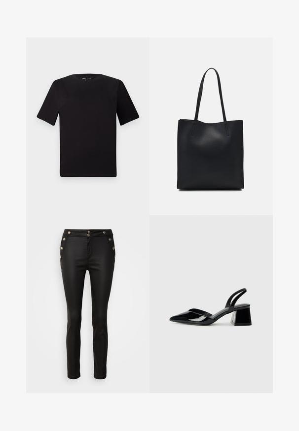 Svart t-skjorte med korte ermer og rund hals, laget av mykt bomullsstoff. Enkelt design, ingen synlige logoer eller mønstre.; Morgan PARTY - Bukse - noir; Svarte patentlær slingback hæler med spiss tå og geometrisk blokk hæl. Har et stilrent, minimalistisk design og jevn tekstur.; Svart lær tote bag med glatt tekstur, rektangulær form og to lange håndtak. Ingen synlige deler eller dekorasjoner.