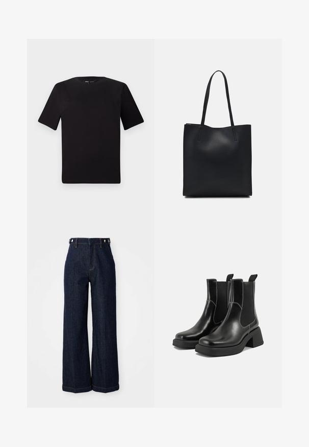 Svart t-skjorte med korte ermer og rund hals, laget av mykt bomullsstoff. Enkelt design, ingen synlige logoer eller mønstre.; Mørkeblå vidde jeans laget av denim, med høy midje, fem-lomme design og kontrasterende oransje søm.; Sorte lær Chelsea støvler med en kraftig hæl, elastiske sidepaneler og kontrasterende hvid syning. Teksturert overflate.; Svart lær tote bag med glatt tekstur, rektangulær form og to lange håndtak. Ingen synlige deler eller dekorasjoner.