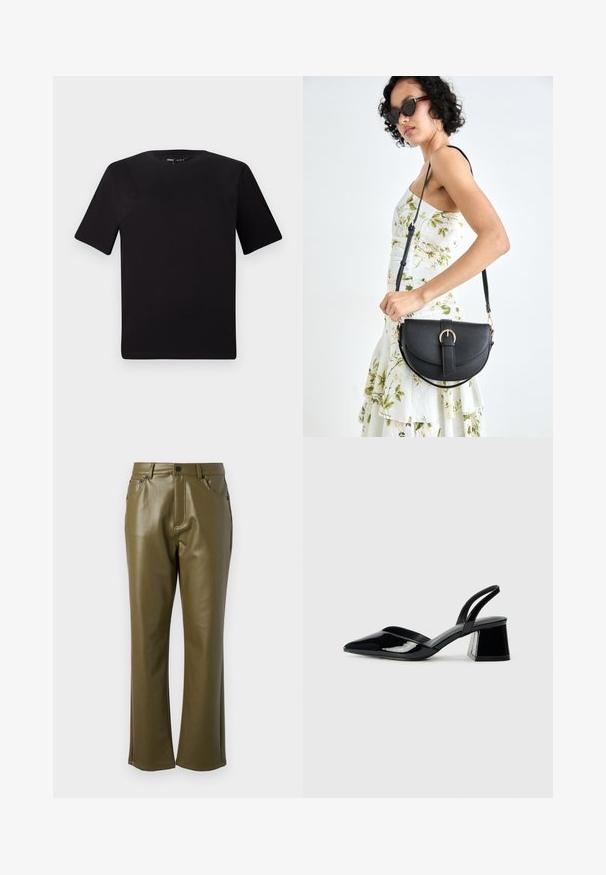 Black short-sleeve t-shirt with a round neckline, crafted from soft cotton fabric. Simple design, no visible logos or patterns.; Olive green faux leather pants with a straight leg design. Features front pockets and a zip fly with metal button closure. Smooth texture.; Black patent leather slingback heels with a pointed toe and a geometric block heel. Features a sleek, minimal design and smooth texture.; Black leather handbag with a curved shape, detachable strap, and gold hardware. The bag features a flap with a buckle detail.