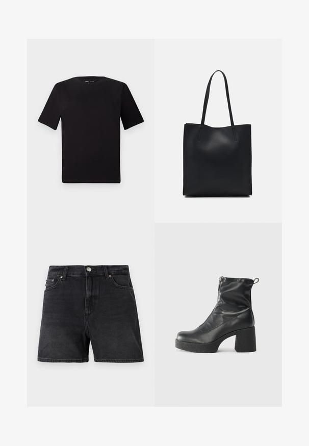 Must olema lühikeste varrukatega must t-särk ümmarguse kaelusega, valmistatud pehmest puuvillast kangast. Lihtne disain, ilma nähtavate logode või mustriteta.; Mustad denim lühikesed püksid klassikalise lõikega, millel on nööpidega sulgur, ees taskud ja sile, veidi tekstureeritud kangas.; Mustad mustad ansapüksid, mis on valmistatud siledast nahast, külje zipperiga, paksu tekstuuriga kontsaga ja ümmarguse nina disainiga.; Mustast nahast kott sujuva tekstuuriga, ristkülikukujuline ja kahe pika sangaga. Pole nähtavat riistvara ega kaunistusi.