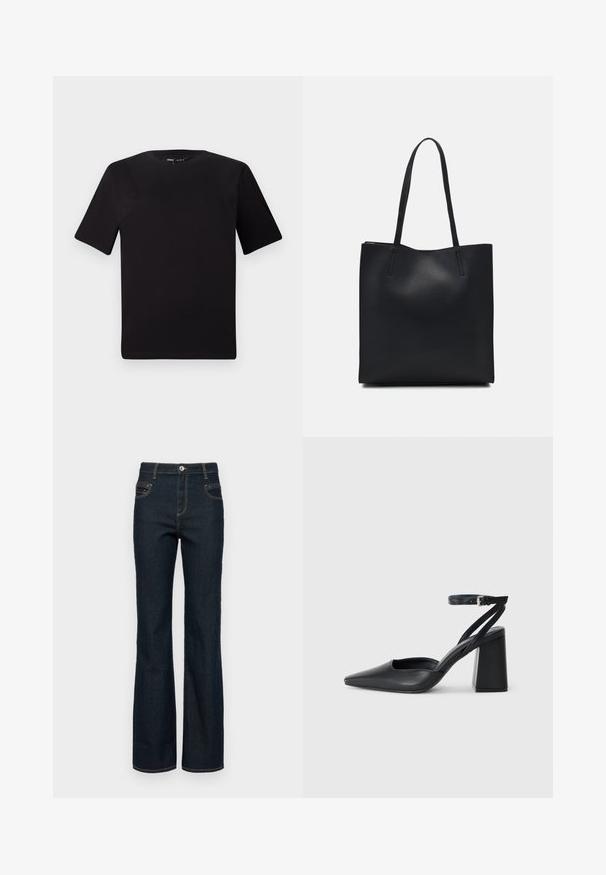 T-shirt noir à manches courtes avec un col rond, fabriqué en coton doux. Design simple, sans logos ni motifs visibles.; Jean évasé en denim foncé avec une taille haute, doté d'une fermeture à bouton, de cinq poches et de coutures jaunes contrastantes le long des coutures.; Escarpin noir en cuir à bout pointu avec une bride de cheville et un talon épais. Texture lisse, design élégant et esthétique minimaliste.; Sac fourre-tout en cuir noir avec une texture lisse, de forme rectangulaire et deux longues poignées. Pas de matériel ou d'ornementations visibles.