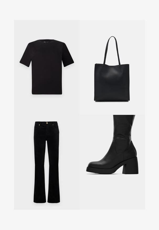 T-shirt nera a maniche corte con scollatura rotonda, realizzata in morbido cotone. Design semplice, senza loghi o motivi visibili.; Jeans neri a zampa in misto cotone, caratterizzati da una texture liscia, dettagli in metallo color oro, due tasche frontali e cuciture dettagliate.; Stivale in pelle nera a metà polpaccio con tacco largo e punta arrotondata, mostrato in profilo laterale su sfondo bianco.; Borsa tote in pelle nera con texture liscia, forma rettangolare e due manici lunghi. Nessun hardware o decorazione visibile.