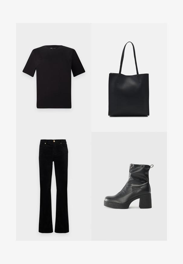 Svart t-skjorte med korte ermer og rund hals, laget av mykt bomullsstoff. Enkelt design, ingen synlige logoer eller mønstre.; Sorte vidde jeans laget av bomullsblanding, med glatt tekstur, gullfarget metallbeslag, to frontlommer og sydd detaljering.; Svarte ankelstøvler laget av glatt lær, med glidelås på siden, chunky strukturert hæl, og rund tå-design.; Svart lær tote bag med glatt tekstur, rektangulær form og to lange håndtak. Ingen synlige deler eller dekorasjoner.