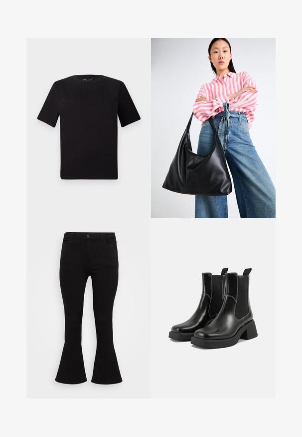 Must olema lühikeste varrukatega must t-särk ümmarguse kaelusega, valmistatud pehmest puuvillast kangast. Lihtne disain, ilma nähtavate logode või mustriteta.; Mustad flared teksad, millel on kitsas talje, klassikaline viie tasku disain ja sile denimtekstuur, millel on õrn venivus.; Must musta Chelsea saapad, millel on paks konts, elastsed külgpaneelid ja kontrastne valge õmblus. Tekstuuriga viimistlus.; Must musta õlakott lahtise kuju ja õmbluse detailidega. Mudel kannab roosa ja valge triibulist särki koos laia jalgadega siniste teksadega.