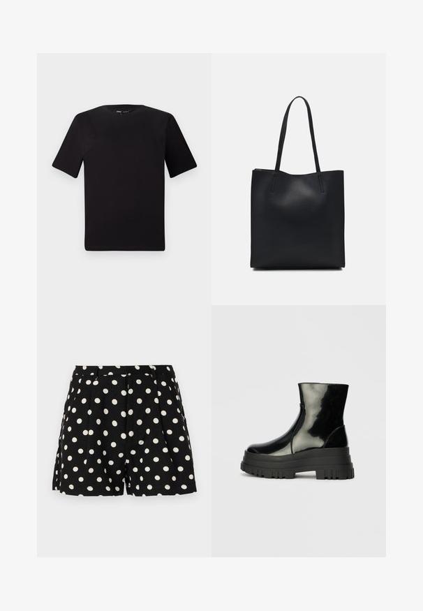 T-shirt nera a maniche corte con scollatura rotonda, realizzata in morbido cotone. Design semplice, senza loghi o motivi visibili.; Pantaloni neri con pois bianchi, dotati di pieghe sul davanti e tasche laterali. Realizzati in un tessuto leggero.; Stivale nero lucido alla caviglia con suola spessa e tonda, vista laterale su sfondo grigio chiaro uniforme.; Borsa tote in pelle nera con texture liscia, forma rettangolare e due manici lunghi. Nessun hardware o decorazione visibile.