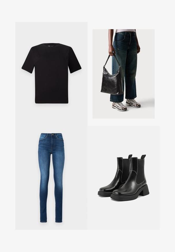 T-shirt preta de mangas curtas com decote redondo, feita de tecido de algodão suave. Design simples, sem logótipos ou padrões visíveis.; Jeans skinny em denim azul escuro. Design de cintura alta com detalhes de cinco bolsos, fecho de botão e desbotamento suave ao longo das pernas.; Botas Chelsea em couro preto com um salto grosso, painéis laterais elásticos e costura branca em contraste. Acabamento texturizado.; Bolsa de ombro em couro preto com textura suave e alça ajustável, combinada com jeans de perna larga desbotados e ténis desportivos.