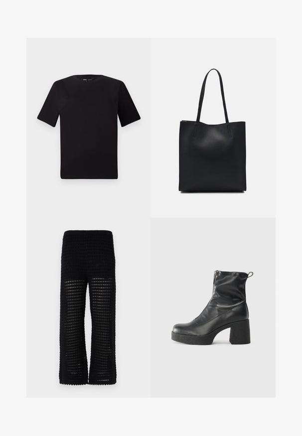 Black short-sleeve t-shirt with a round neckline, crafted from soft cotton fabric. Simple design, no visible logos or patterns.; Black knit pants featuring a textured, open mesh design with wide legs. The waistband is elasticated for comfort and ease of wear.; Black ankle boots made of smooth leather, featuring a side zipper, chunky textured heel, and rounded toe design.; Black leather tote bag with smooth texture, rectangular shape, and two long handles. No visible hardware or embellishments.