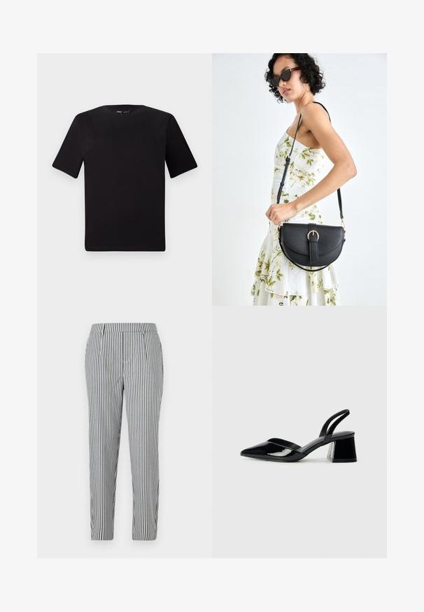 Črna majica s kratkimi rokavi in okroglim izrezom, izdelana iz mehkega bombažnega materiala. Preprost dizajn, brez vidnih logotipov ali vzorcev.; Prugaste hlače v sivi in beli barvi, s prilagojeno obliko, plitvami gubami in gladkim zaključkom tkanine. Brez vidnih žepov ali okraskov.; Črne lakirane slingback pete s koničastim nosom in geometrijsko blokasto peto. Imajo eleganten, minimalističen dizajn in gladko teksturo.; Črna usnjena torbica s ukrivljeno obliko, z odstranljivo naramnico in zlatimi dodatki. Torbica ima pokrov s podrobnostmi v obliki zaponke.