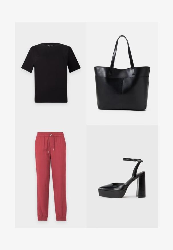 T-shirt noir à manches courtes avec un col rond, fabriqué en coton doux. Design simple, sans logos ni motifs visibles.; Pantalons légers rouges, fuselés, avec une taille élastique et un cordon de serrage. Comprend des poches aux chevilles et une texture douce.; Escarpins noirs à plateforme avec un bout pointu et une sangle réglable à la cheville. Conçus en cuir lisse, avec un large talon bloc.; Sac fourre-tout en cuir noir avec deux longues poignées, une texture lisse et une forme structurée. Dispose d'une poche avant pour un rangement supplémentaire.