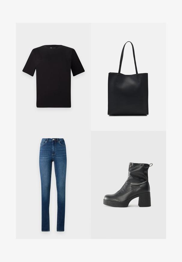 Svart kortärmad t-shirt med rund halsringning, tillverkad i mjukt bomullstyg. Enkelt mönster, utan synliga logotyper eller mönster.; Högmidjade skinny jeans i medelblå denim med klassisk femfickdesign och knappstängning.; Svarta ankelstövlar i slitstark läder, med sidodragkedja, kraftig strukturerad klack och rundad tådesign.; Svart lädertoffelväska med slät textur, rektangulär form och två långa handtag. Ingen synlig hårdvara eller dekorationer.