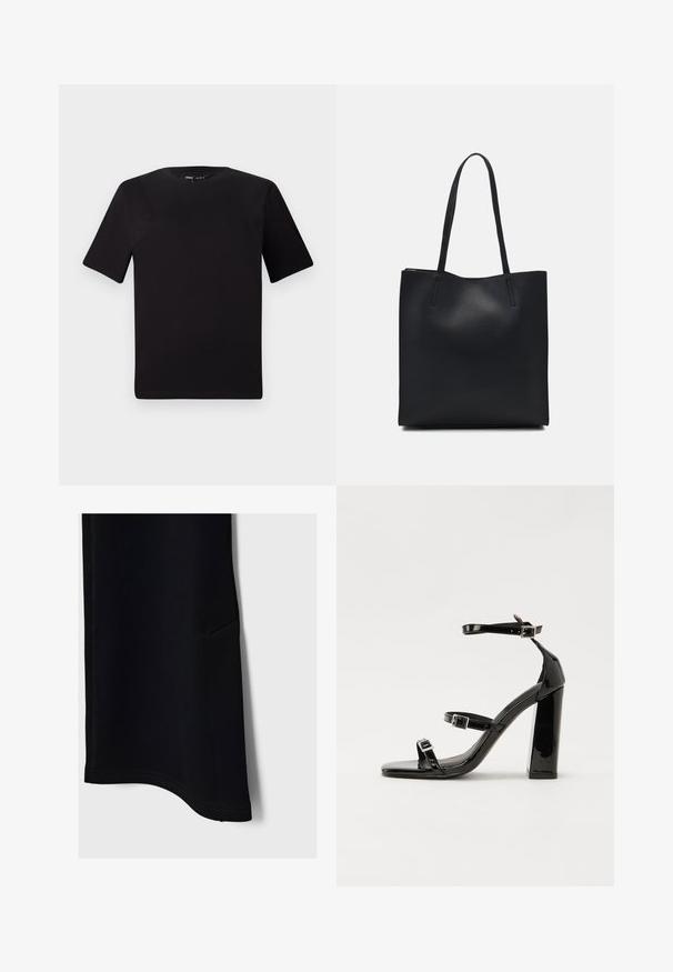 Čierne tričko s krátkym rukávom a okrúhlym výstrihom, vyrobené z mäkkej bavlny. Jednoduchý dizajn, bez viditeľných log alebo vzorov.; Čierne športové nohavice s hladkou textúrou, zakriveným lemom, bočnou kapsou a kontrastným šitím, navrhnuté pre pohodlie a mobilitu.; Čierne lakované sandále na podpätku so štvorcovou špičkou, navlečenými remienkami okolo členku a striebornými prackami. Disponujú masívnym blokovým podpätkom pre stabilitu.; Čierna kožená taška na rameno s hladkým povrchom, obdĺžnikovým tvarom a dvoma dlhými uchami. Bez viditeľného kovania alebo ozdôb.