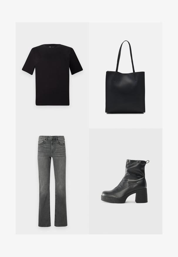 Črna majica s kratkimi rokavi in okroglim izrezom, izdelana iz mehkega bombažnega materiala. Preprost dizajn, brez vidnih logotipov ali vzorcev.; Pflare hlace v temno sivi denimu z visokim pasom, petimi žepi in enim gumbom za zapiranje. Gladka tekstura z rahlim zbledeljem.; Črne gležnjarje iz gladke kože z božnim zadrgo, masivnim teksturiranim peto in zaobljeno obliko prstov.; Črna usnjena torba s svilnato teksturo, pravokotne oblike in dvema dolgima ročajema. Brez vidnih metalnih delov ali okrasnih elementov.