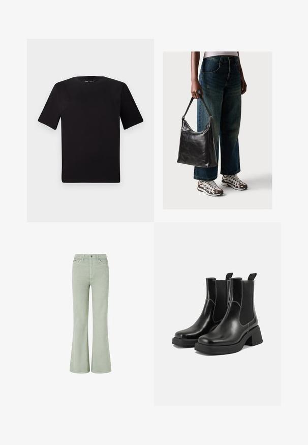 Svart t-skjorte med korte ermer og rund hals, laget av mykt bomullsstoff. Enkelt design, ingen synlige logoer eller mønstre.; Grønne kordfløyels flared jeans med middels høyde i livet, med frontlommer, knappelukking og en myk tekstur.; Sorte lær Chelsea støvler med en kraftig hæl, elastiske sidepaneler og kontrasterende hvid syning. Teksturert overflate.; Sort skinnveske med en glatt tekstur og justerbar stropp, kombinert med falmede vide jeans og atletiske sneakers.