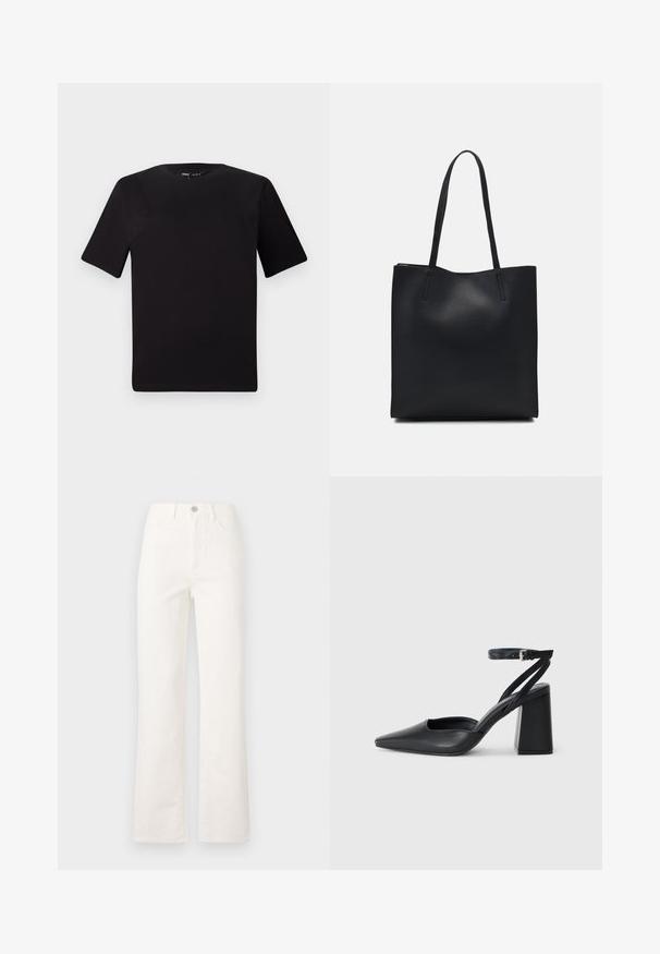 Črna majica s kratkimi rokavi in okroglim izrezom, izdelana iz mehkega bombažnega materiala. Preprost dizajn, brez vidnih logotipov ali vzorcev.; Bele flare kavbojke iz denima, ki imajo subtilne teksturirane vzorce, tradicionalno pet-pocket zasnovo in kovinsko zaponko za zapiranje.; Črne usnjene klasične čevlje z ostrim nosom, z zaponko za gleženj in debelim peto. Ravna tekstura, eleganten dizajn in minimalistična estetika.; Črna usnjena torba s svilnato teksturo, pravokotne oblike in dvema dolgima ročajema. Brez vidnih metalnih delov ali okrasnih elementov.