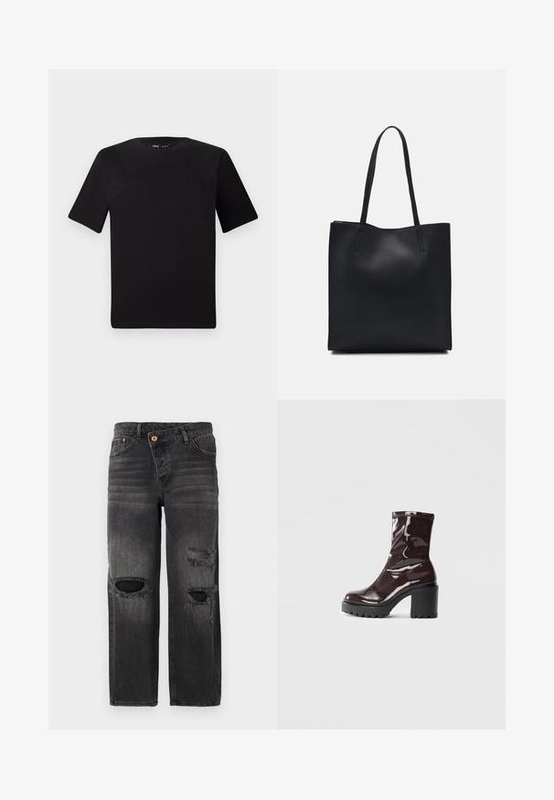 Must olema lühikeste varrukatega must t-särk ümmarguse kaelusega, valmistatud pehmest puuvillast kangast. Lihtne disain, ilma nähtavate logode või mustriteta.; Musthave muströmpelihileer värvimaterjalide coemnärtest ja kattega. Düstrovikun mitme detailiga valeülepildihoolitatavaa eri grammatilise tumnalise komboga. ; Klakav läikiv burgundi värvi pahkluu saabas, millel on paks must konts, sile tekstuur ja lihtne disain. Nähtavad kinnitused või mustrid puuduvad.; Mustast nahast kott sujuva tekstuuriga, ristkülikukujuline ja kahe pika sangaga. Pole nähtavat riistvara ega kaunistusi.