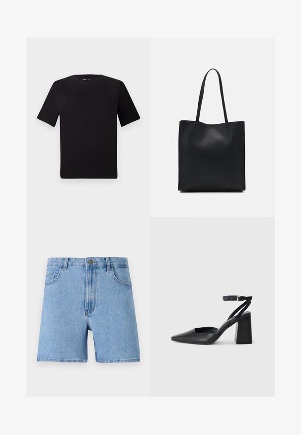 Crna majica kratkih rukava s okruglim izrezom, izrađena od mekane pamučne tkanine. Jednostavan dizajn, bez vidljivih logotipa ili uzoraka.; Svijetloplavi traper šorts s visokim strukom, pet džepova i jednim metalnim gumbom za zatvaranje sprijeda. Glatka tekstura, ravni kroj.; Crne kožne cipele s špicastim vrhom, remenom oko gležnja i debelim potplatom. Ravna tekstura, elegantan dizajn i minimalistička estetika.; Crna kožna torba za nošenje s glatkom teksturom, pravokutnim oblikom i dvije duge ručke. Nema vidljivih metalnih dijelova ili ukrasa.