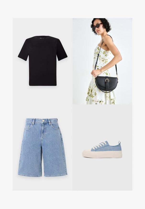 Svart kortärmad t-shirt med rund halsringning, tillverkad i mjukt bomullstyg. Enkelt mönster, utan synliga logotyper eller mönster.; Ljusblå denimshorts med lös passform, hög midja, framfickor och dubbelstickad fåll. Slät textur med en klassisk design.; Ljusblå canvas sneakers med en krämfärgad gummitå och yttersula, som har vita snören och en dragflik på hälen.; Svart läderhandväska med en böjd form, avtagbar rem och guldiga detaljer. Väskan har ett lock med en spänndetalj.