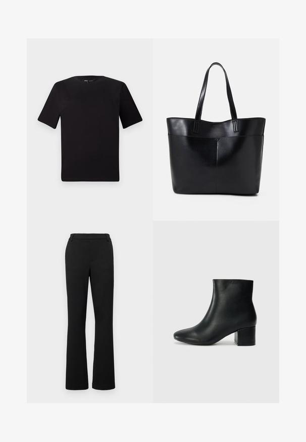 Tricou scurt negru cu mânecă scurtă și guler rotund, realizat dintr-un material de bumbac moale. Design simplu, fără logo-uri sau modele vizibile.; Pantaloni negri evazați din material elastic. Au un talie plată, bucle pentru curea și buzunare frontale. Textură netedă și croială ajustată.; Cizme negre din piele până la gleznă, cu vârf ascuțit și toc robust. Textură netedă, cu accente minime și un design elegant, ajustat.; Geantă oversized din piele neagră, cu două mânere lungi, de textură netedă și formă structurată. Are un buzunar frontal pentru stocare suplimentară.