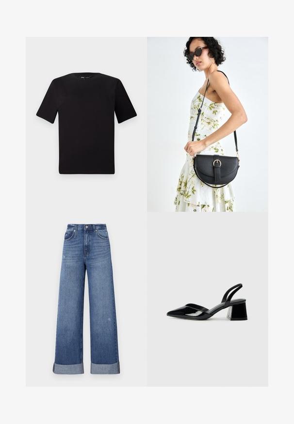 Crna majica kratkih rukava s okruglim izrezom, izrađena od mekane pamučne tkanine. Jednostavan dizajn, bez vidljivih logotipa ili uzoraka.; Široke, visoko strukirane traperice u izblijedjelom plavom denimu. Sadrže šivene džepove, zatvaranje na dugme i prevrnute manžete na gležnjevima.; Crne lakirane kožne sandale s otvorenom petom i špicastim vrhom, s geometrijskom blok petom. Imaju elegantan, minimalistički dizajn i glatku teksturu.; Crna kožna torba s lukovitim oblikom, odvojivim remenom i zlatnim detaljima. Torba ima preklop s kopčom.
