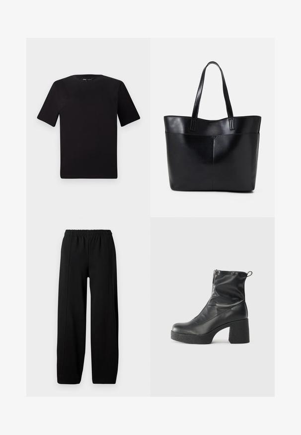 Juodas trumpas rankovės marškinėlis su apvaliu iškirpimu, pagamintas iš minkštos medvilnės medžiagos. Paprastas dizainas, be matomų logotipų ar raštų.; Juoda plačių kojų kelnės su elastingu juosmeniu ir matomomis vertikaliomis siūlėmis ant kiekvienos kojos prieš baltą foną.; Juodos kulkšninių botai, pagaminti iš lygaus odos, su šoniniu užtrauktuku, masyviu tekstūruotu kulnu ir apvaliu pirštu.; Juoda odinė rankinė su dviem ilgais diržais, lygiu paviršiumi ir struktūrizuota forma. Yra priekinė kišenė papildomam saugojimui.