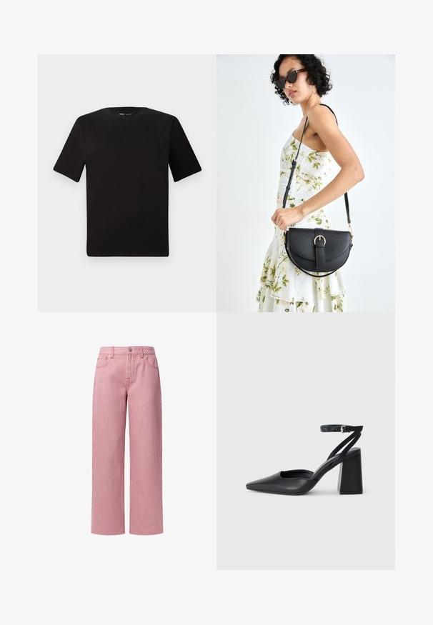 Črna majica s kratkimi rokavi in okroglim izrezom, izdelana iz mehkega bombažnega materiala. Preprost dizajn, brez vidnih logotipov ali vzorcev.; Široke hlače s črtami v rdeči in beli barvi, visokega pasu, s sprednjimi žepi, kovinskim gumbom za zapiranje in zankami za pas. Narejene so iz lahkega blaga.; Črne usnjene klasične čevlje z ostrim nosom, z zaponko za gleženj in debelim peto. Ravna tekstura, eleganten dizajn in minimalistična estetika.; Črna usnjena torbica s ukrivljeno obliko, z odstranljivo naramnico in zlatimi dodatki. Torbica ima pokrov s podrobnostmi v obliki zaponke.