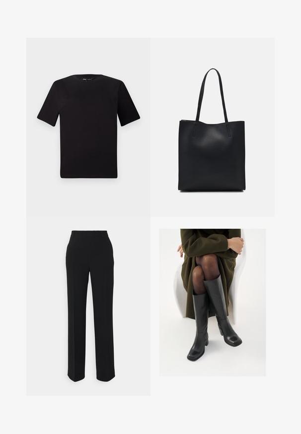 Must olema lühikeste varrukatega must t-särk ümmarguse kaelusega, valmistatud pehmest puuvillast kangast. Lihtne disain, ilma nähtavate logode või mustriteta.; Must mustad, sirgedega püksid sileda tekstuuriga. Omavad vööd ja ei sisalda nähtavaid mustreid ega aktsente. Klassikaline ja kohandatud disain.; Knee-high mustad nahast saapad nelinurkse varbaga ja plokilise kontsaga, esitatud mudeli kõrval, kes istub oliivirohelises mantlis. Sujuv tekstuur, minimaalne detailide arv.; Mustast nahast kott sujuva tekstuuriga, ristkülikukujuline ja kahe pika sangaga. Pole nähtavat riistvara ega kaunistusi.