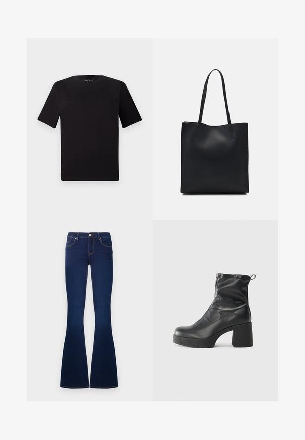 Svart kortärmad t-shirt med rund halsringning, tillverkad i mjukt bomullstyg. Enkelt mönster, utan synliga logotyper eller mönster.; Mörkblå denim flare-jeans med framknäppning, dragkedja, bältesslingor och fem fickor, uppvisade mot en vit bakgrund.; Svarta ankelstövlar i slitstark läder, med sidodragkedja, kraftig strukturerad klack och rundad tådesign.; Svart lädertoffelväska med slät textur, rektangulär form och två långa handtag. Ingen synlig hårdvara eller dekorationer.