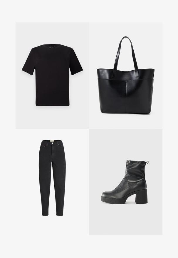 Juodas trumpas rankovės marškinėlis su apvaliu iškirpimu, pagamintas iš minkštos medvilnės medžiagos. Paprastas dizainas, be matomų logotipų ar raštų.; Aukštai juosmens juodi džinsai, pagaminti iš džinsinio audinio, su knopkų uždarymu, penkiomis kišenėmis ir subtiliais siuvinėjimo elementais. Liesas siluetas su siaurėjančiomis kojomis.; Juodos kulkšninių botai, pagaminti iš lygaus odos, su šoniniu užtrauktuku, masyviu tekstūruotu kulnu ir apvaliu pirštu.; Juoda odinė rankinė su dviem ilgais diržais, lygiu paviršiumi ir struktūrizuota forma. Yra priekinė kišenė papildomam saugojimui.