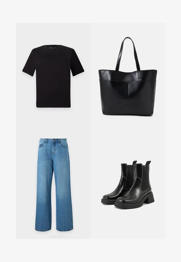 T-shirt preta de mangas curtas com decote redondo, feita de tecido de algodão suave. Design simples, sem logótipos ou padrões visíveis.; Calças de ganga largas de cor azul clara, com uma cintura alta, fecho de correr e um design de cinco bolsos com um ligeiro efeito desbotado.; Botas Chelsea em couro preto com um salto grosso, painéis laterais elásticos e costura branca em contraste. Acabamento texturizado.; Bolsa tote preta em couro com duas alças longas, textura suave e forma estruturada. Apresenta um bolso frontal para armazenamento adicional.
