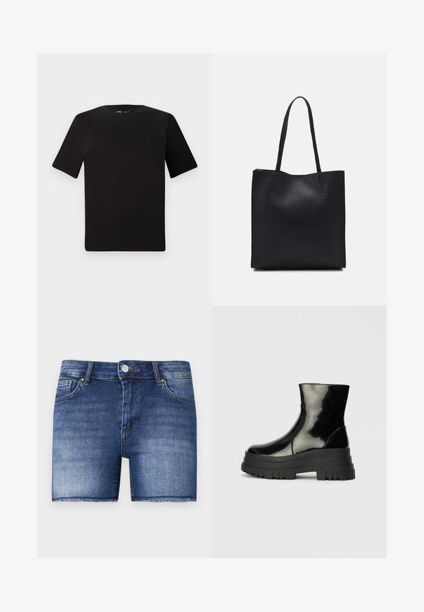 Juodas trumpas rankovės marškinėlis su apvaliu iškirpimu, pagamintas iš minkštos medvilnės medžiagos. Paprastas dizainas, be matomų logotipų ar raštų.; Džinsiniai šortai vidutinio mėlynumo plačiame kirpime. Yra išblukusių vietų, priekinė kišenė ir nelygus apatinis kraštas.; Juodas blizgus kulkšninis botas su storu iškilniu padu ir apvaliu pirštu, šoninis vaizdas ant vientiso šviesiai pilko fono.; Juodas odinis tote krepšys su lygia tekstūra, stačiakampio formos ir dviem ilgais rankenomis. Matomų metalinių detalių ar puošybos nėra.