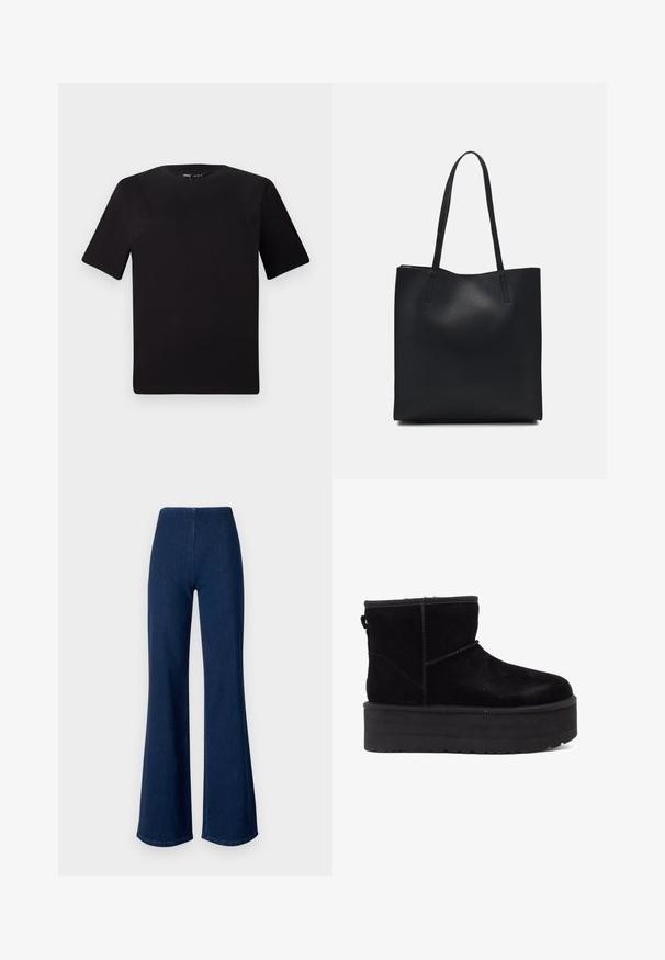 Black short-sleeve t-shirt with a round neckline, crafted from soft cotton fabric. Simple design, no visible logos or patterns.; Dark blue flared jeans made of denim with an elastic waistband. Features a smooth texture and wide leg design extending to the hem.; Black suede ankle boots with a thick platform sole and soft lining. Finished with stitching accents and a rear pull tab for easy wear.; Black leather tote bag with smooth texture, rectangular shape, and two long handles. No visible hardware or embellishments.