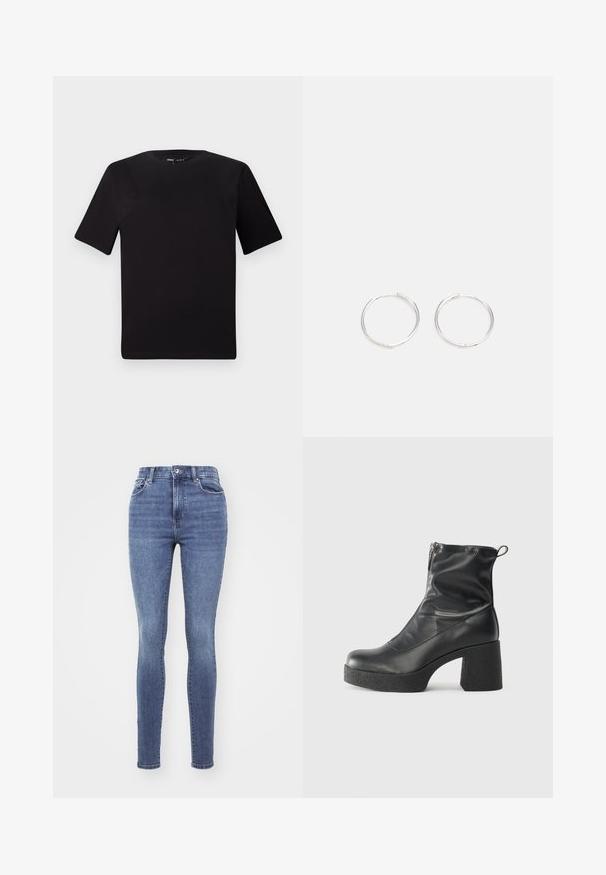Crna majica kratkih rukava s okruglim izrezom, izrađena od mekane pamučne tkanine. Jednostavan dizajn, bez vidljivih logotipa ili uzoraka.; Tanke traperice napravljene od denima srednjeg pranja. Imaju visok struk, dizajn s pet džepova i klasično kopčanje na dugme i zatvarač. Glatka tekstura.; Crne gležnjače od glatke kože, s bočnim zatvaračem, debelim teksturiranim potplatom i dizajnom s zaobljenim prstima.; Srebrne okrugle naušnice jednostavnog dizajna, s glatkom površinom i bez vidljivih ukrasa. Promjer nije specificiran.