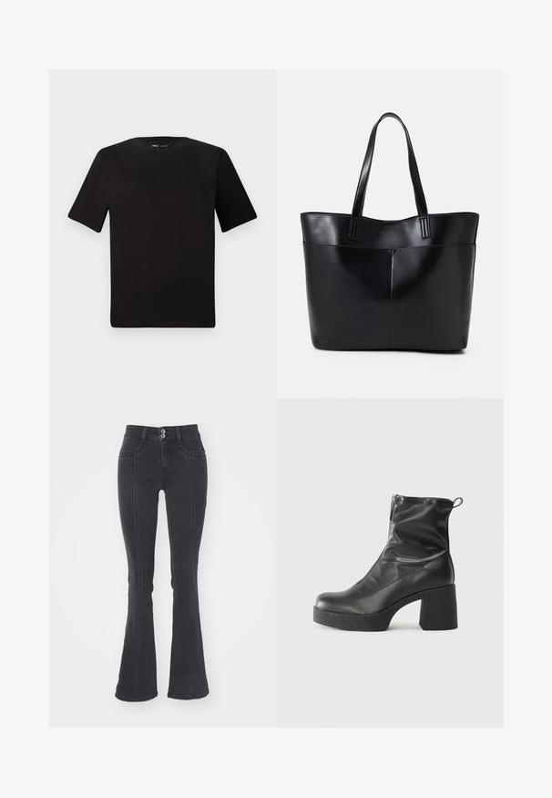 Black short-sleeve t-shirt with a round neckline, crafted from soft cotton fabric. Simple design, no visible logos or patterns.; Black flared jeans made of denim, featuring a high waist, two front pockets, and two back pockets, with visible stitching details.; Black ankle boots made of smooth leather, featuring a side zipper, chunky textured heel, and rounded toe design.; Black leather tote bag with two long handles, a smooth texture, and a structured shape. Features a front pocket for additional storage.