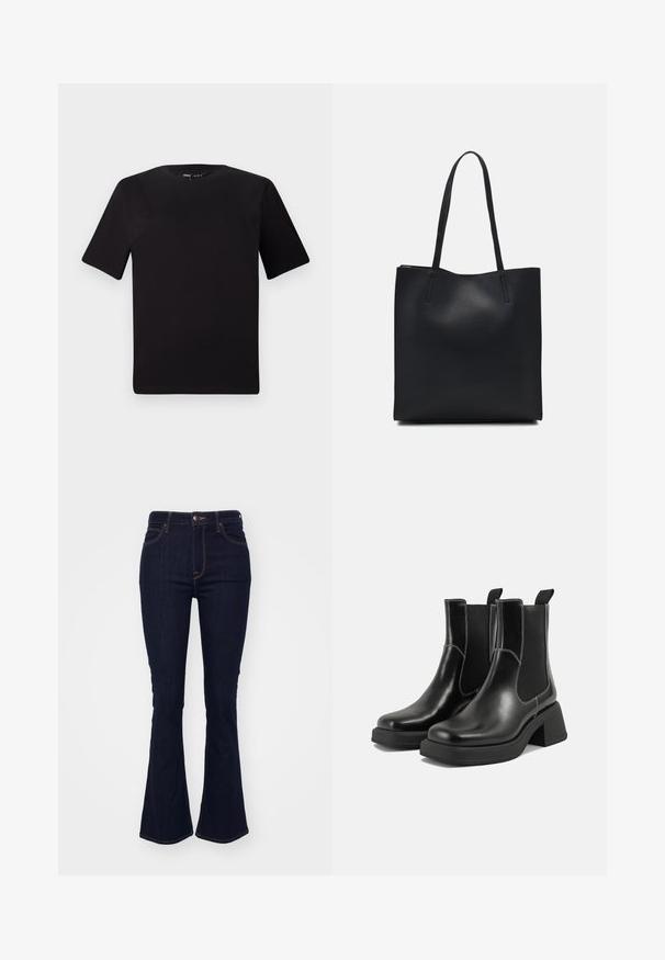 Sort kortærmet t-shirt med rund halsudskæring, lavet af blødt bomuldsstof. Enkel design, ingen synlige logoer eller mønstre.; Mørkeblå, vide jeans lavet af denim, med høj talje, fem-lomme design og kontrasterende orange syninger langs sømmene.; Sorte læder Chelsea-støvler med en kraftig hæl, elastiske sidepaneler og kontrastfarvet hvid syning. Tekstureret overflade.; Sort læder tote taske med glat tekstur, rektangulær form og to lange hanke. Ingen synlig hardware eller udsmykninger.